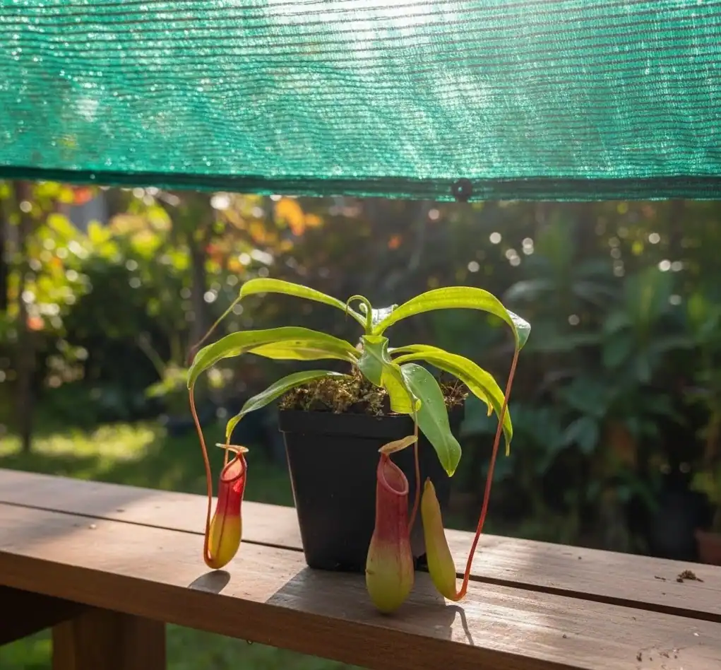 Planta carnívora Nepenthes bajo malla raschel 30 por ciento sombra Perú